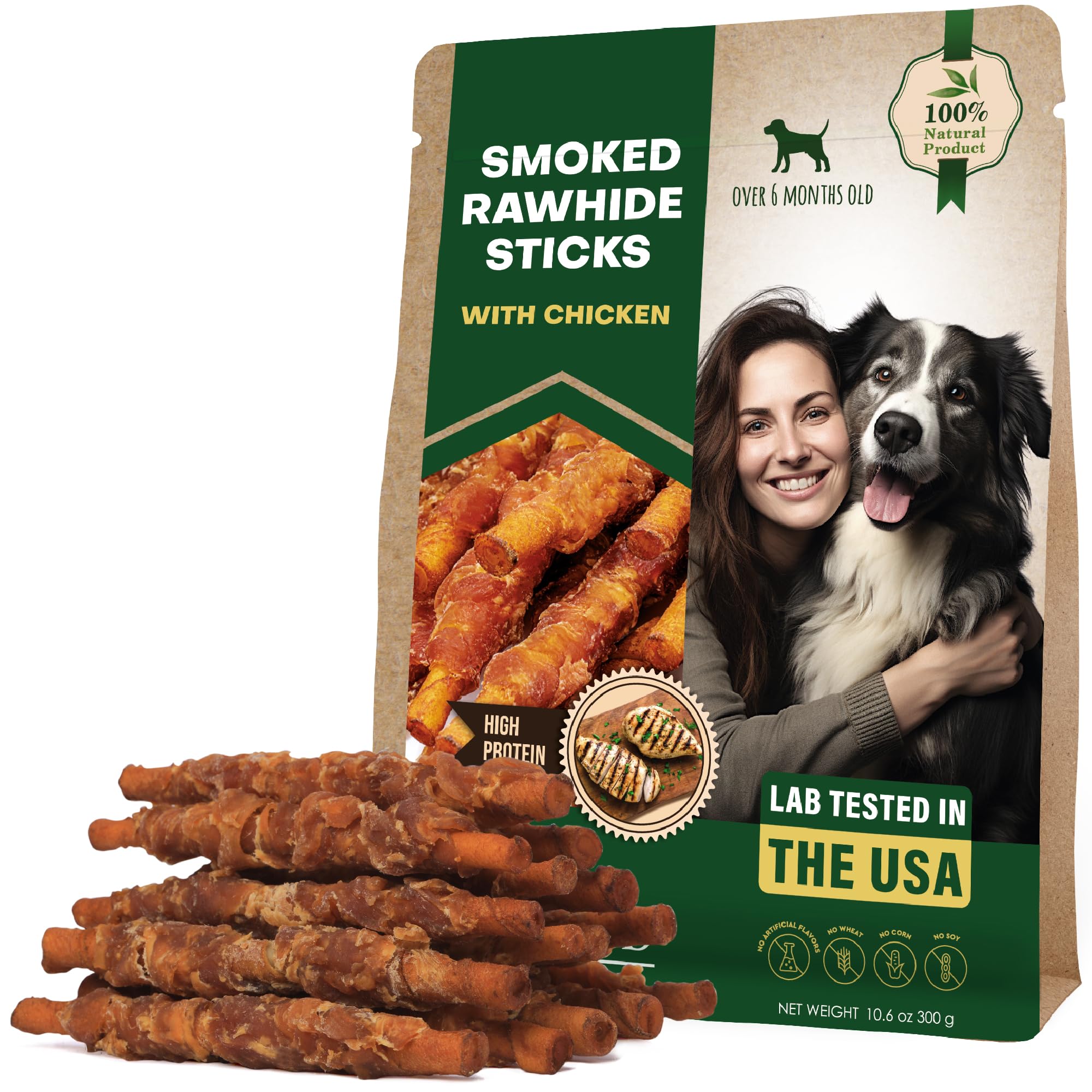 Premium Grain-Free Dog Chews - Organic Smoked Rawhide Sticks Wrapped with Chicken | Natural, Human-Grade Pet Treats for Small & Large Dogs | USA-Made Training Rewards & Dental Health Snacks | Perfect for Chewing, Teething & Positive Reinforcement Training