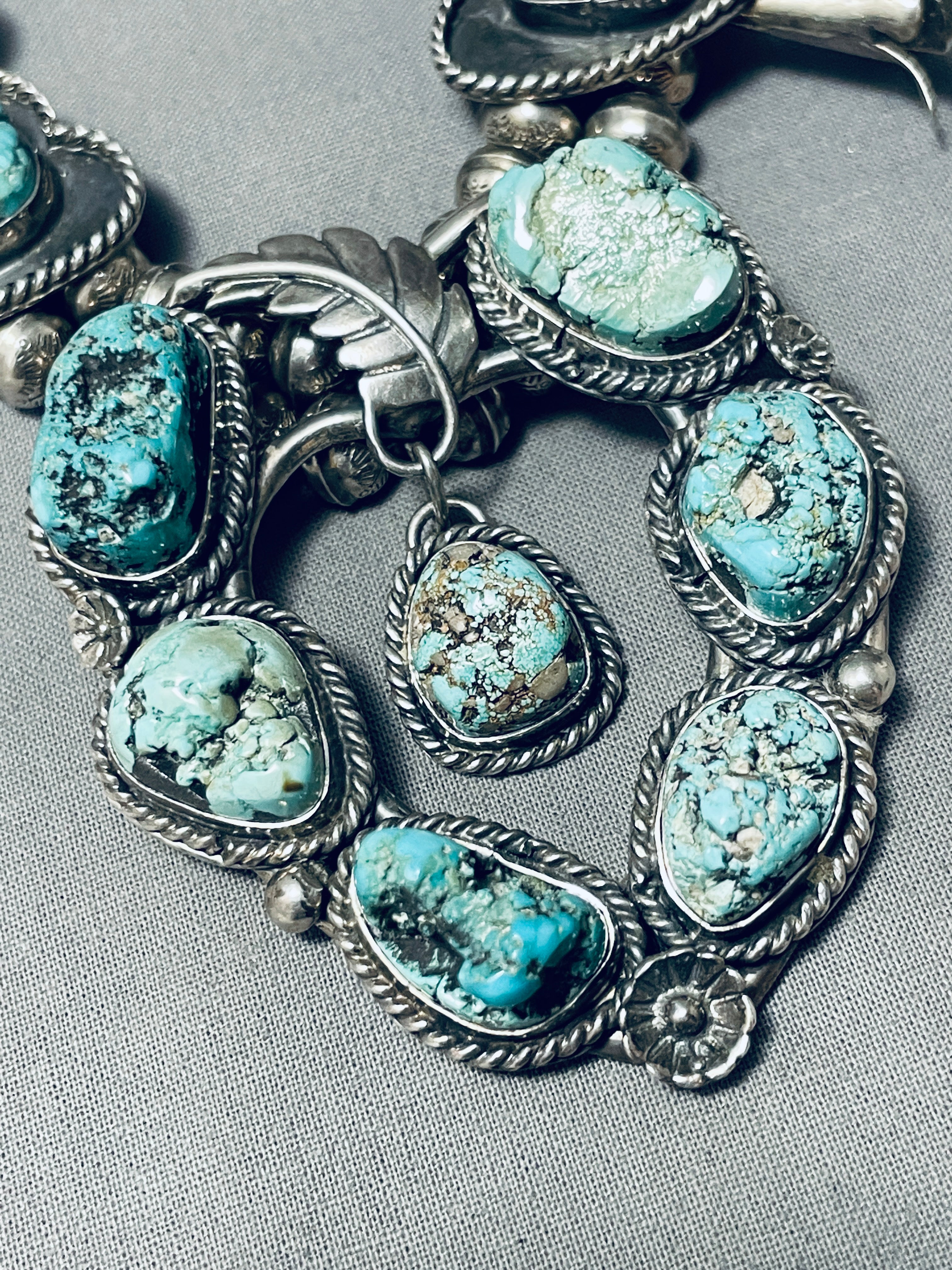 191 Gram Vintage Native American Navajo Turquoise Sterling Silver Squash Blossom Necklace - Handcrafted Jewelry for Women, Perfect for Boho Fashion, Weddings & Special Occasions