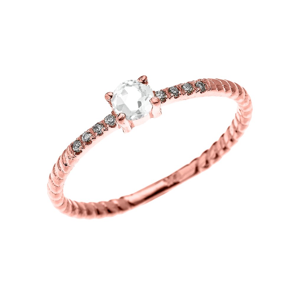 14K Rose Gold Dainty Diamond & White Topaz Solitaire Rope Design Stackable Ring for Women - Elegant Proposal, Engagement & Wedding Jewelry Gift for Her