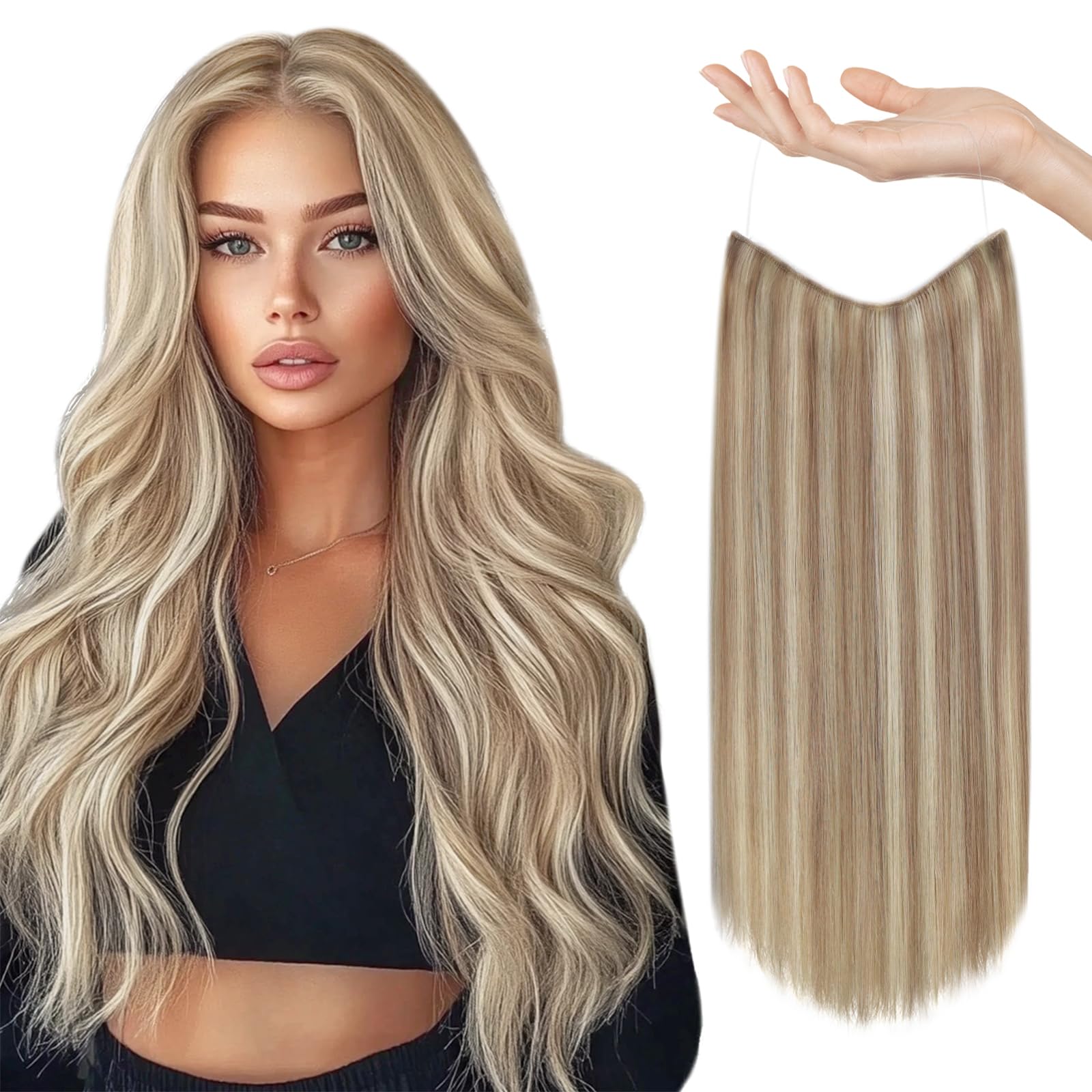 20 Inch Sunny Wire Hair Extensions - Real Human Hair, Fish Line Invisible Extensions in Ash Blonde with Platinum Highlights (#P18/613) | Perfect for Parties, Weddings & Daily Styling