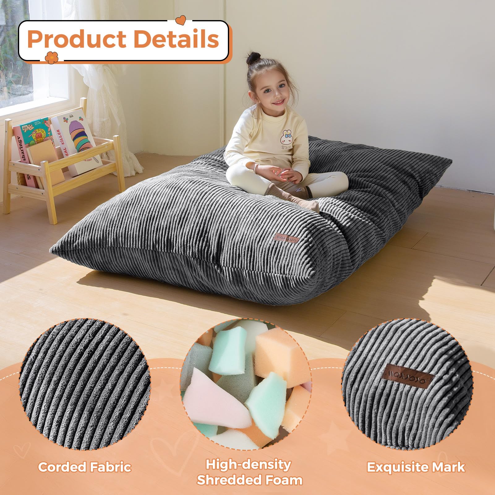MAXYOYO 3-in-1 Kids Convertible Bean Bag Chair & Bed - Dark Grey Floor Sofa for Children's Gaming, Reading & Nap Time | Perfect for Playroom, Nursery & Dorm Room