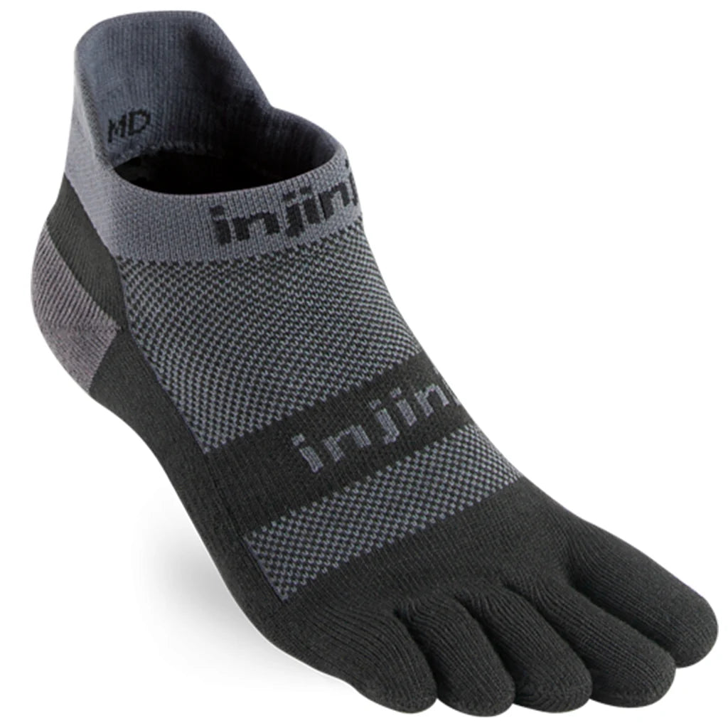 Injinji RUN Midweight No Show Toe Socks for Running & Hiking - Black/Grey - Prevent Blisters & Enhance Performance