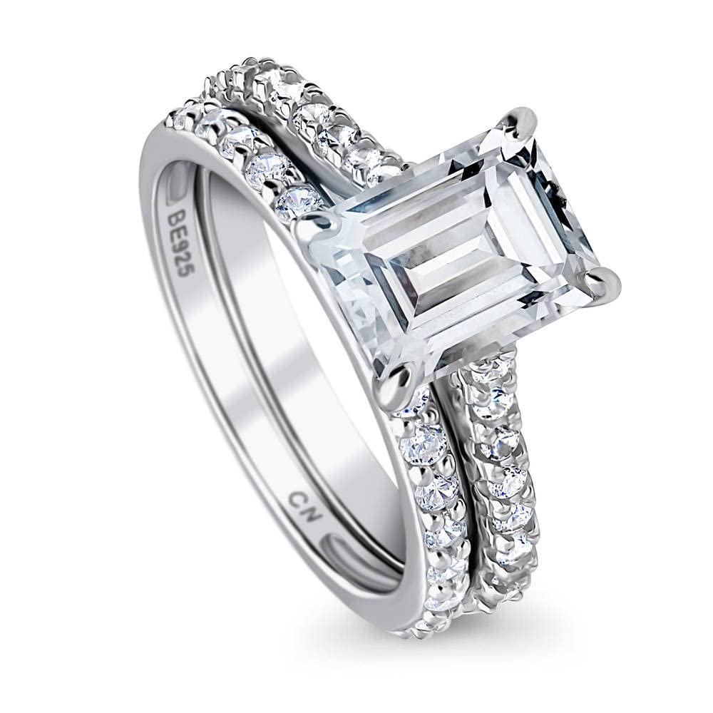 BERRICLE Rhodium Plated Sterling Silver Emerald Cut Cubic Zirconia Solitaire Wedding & Engagement Ring Set 3.2 CTW - Elegant Jewelry for Proposals, Anniversaries & Special Occasions