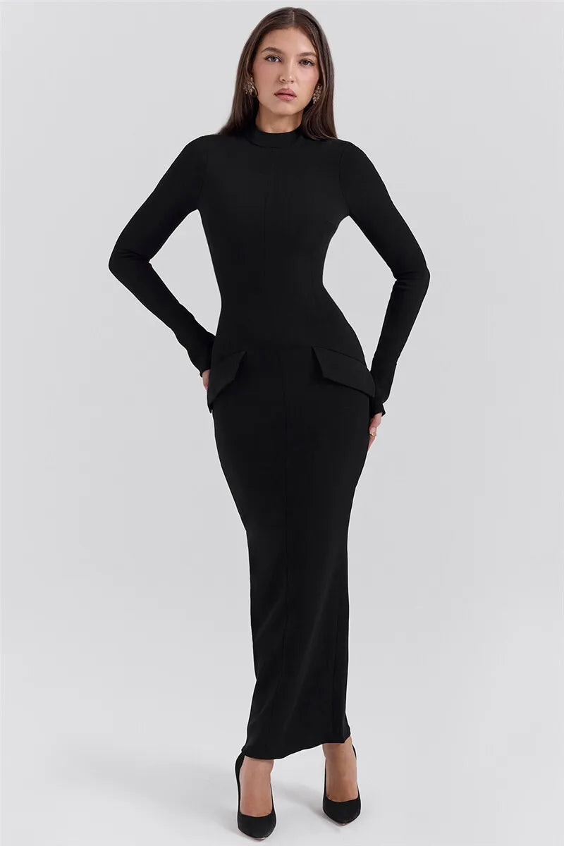 Elegant Black Long Sleeve Bodycon Maxi Dress for Women - O Neck with Two Pockets & Back Split - Perfect for Fall Winter Fashion, Date Nights, and Evening Parties
