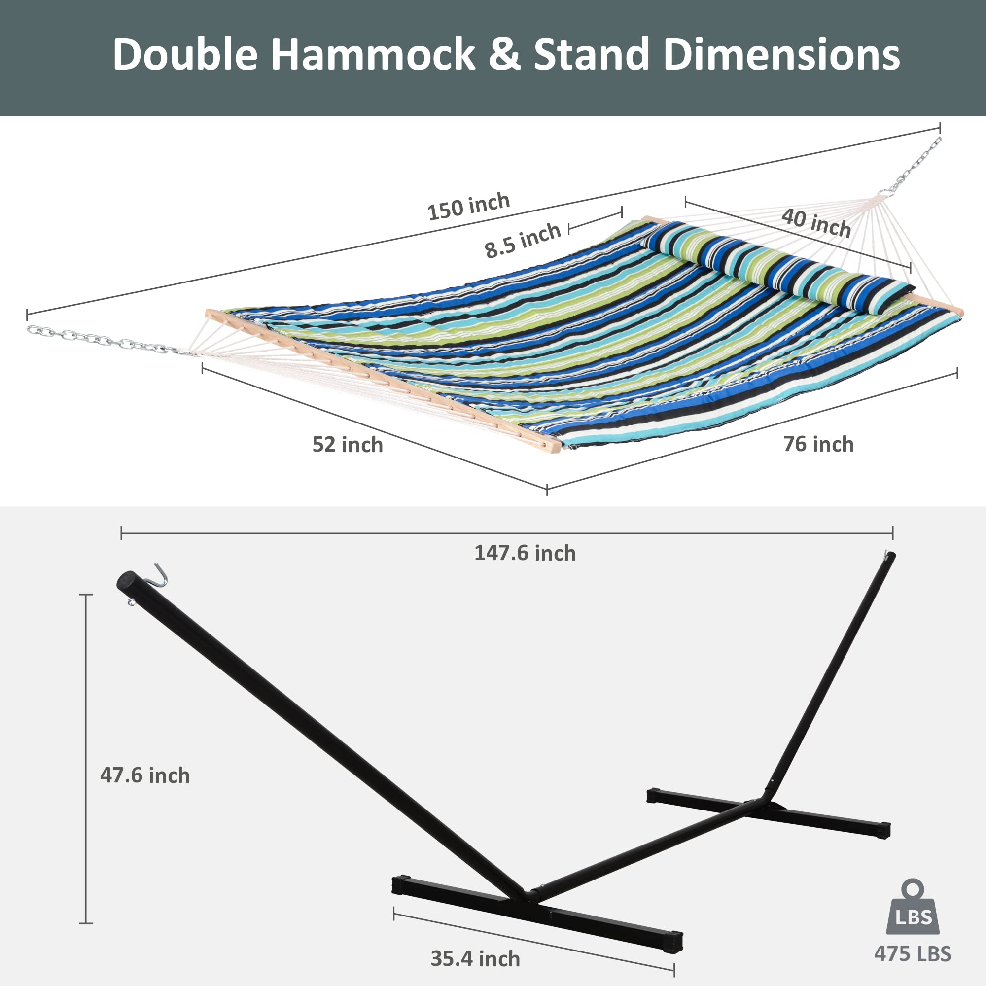 SUNCREAT Heavy Duty Double Hammock with Steel Stand - Cotton Rope & Polyester Pad - Blue & Green Outdoor Hammock for Backyard, Patio, Camping, Beach Relaxation