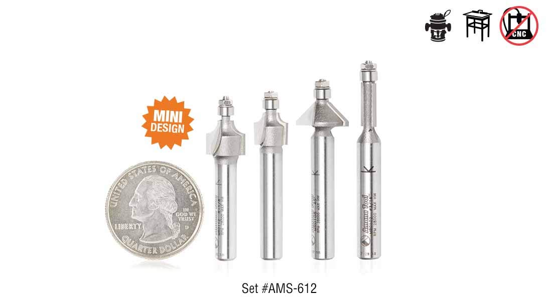 Amana Tool AMS-MRSET 3-Piece Miniature Router Bit Set with 3/16