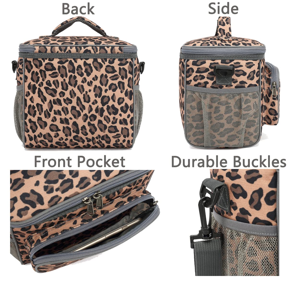 FlowFly Insulated Reusable Lunch Bag for Adults - Large Leopard Print Lunch Box with Adjustable Shoulder Strap, Front Zipper Pocket & Dual Mesh Side Pockets - Perfect for Office, School, Picnics & Travel
