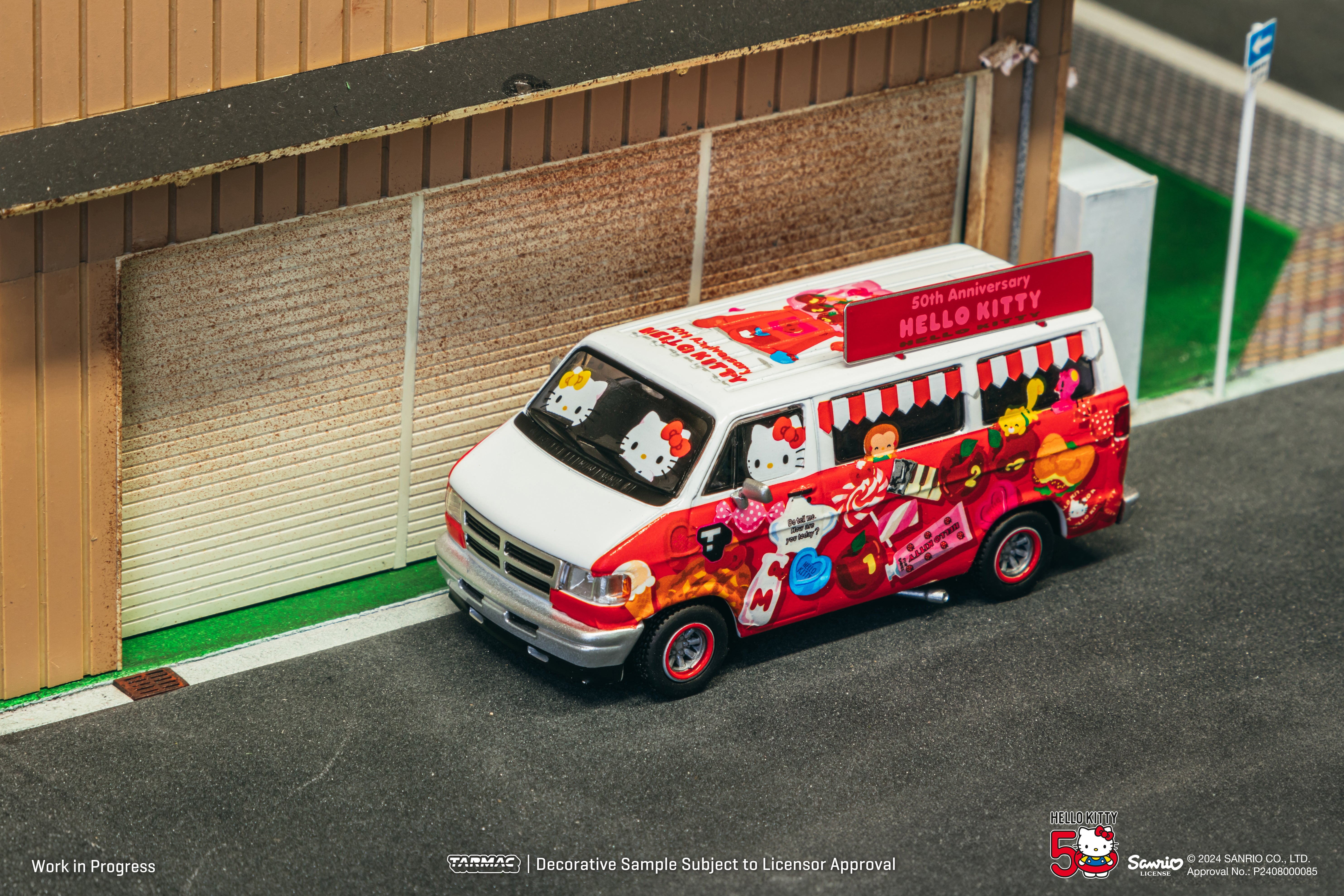 Tarmac Works 1/64 Scale Dodge Van Hello Kitty Food Truck Diecast Model Car - Perfect for Collectors, Kids Play & Home Decoration