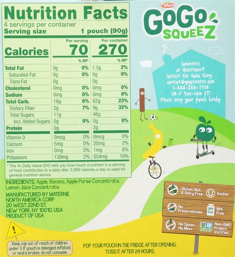 GoGo squeeZ Apple Banana Fruit Pouches, 3.2 oz (Pack of 12) - Unsweetened, Gluten Free, Nut Free & Dairy Free Kids Snacks with Recloseable Cap | BPA Free | Healthy On-The-Go Snack for School, Travel & Lunchboxes