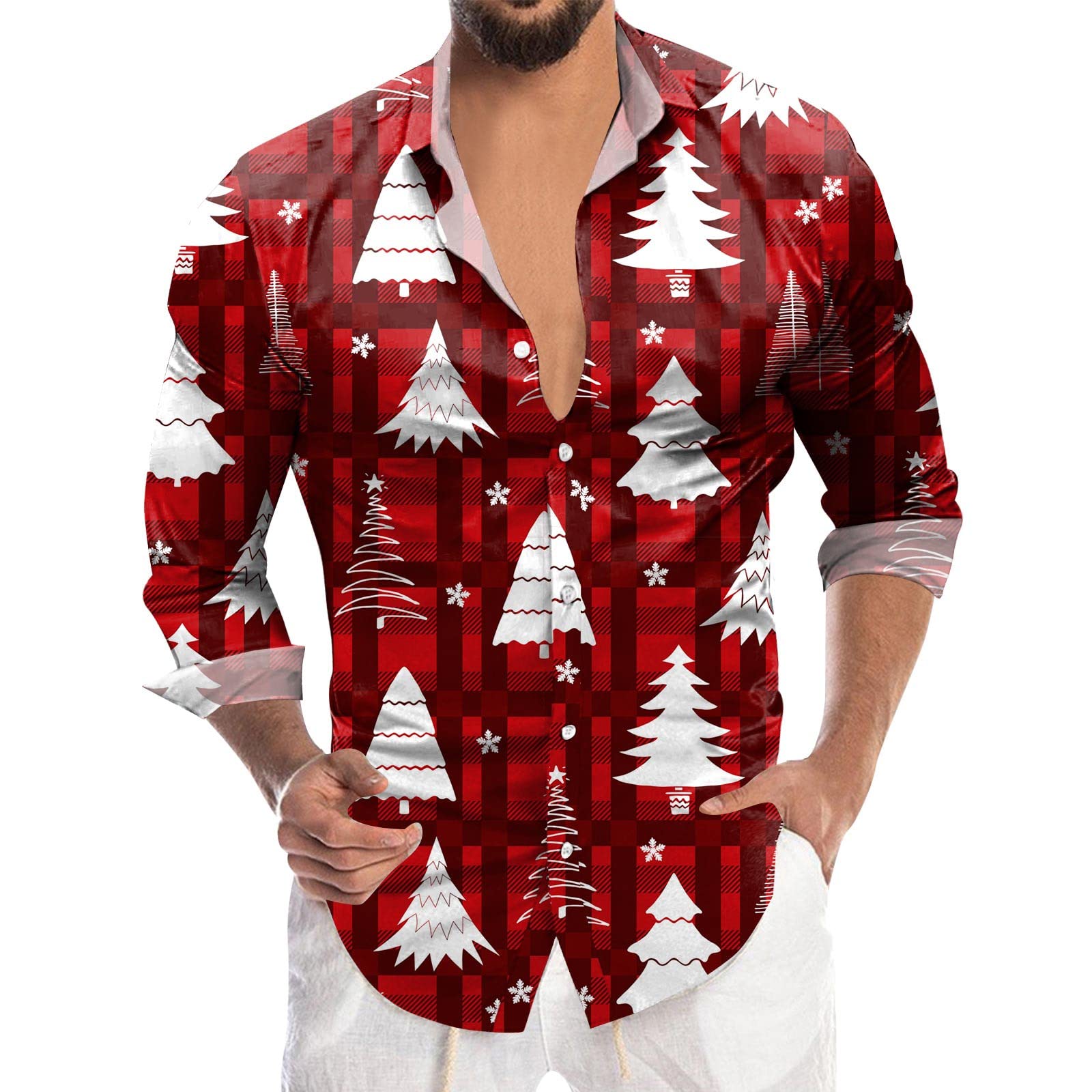 Men's Christmas Dress Shirts - Long Sleeve Button Down Holiday Shirts with Funny Reindeer Print - Perfect for Ugly Sweater Parties, Office Holiday Events & Festive Family Gatherings