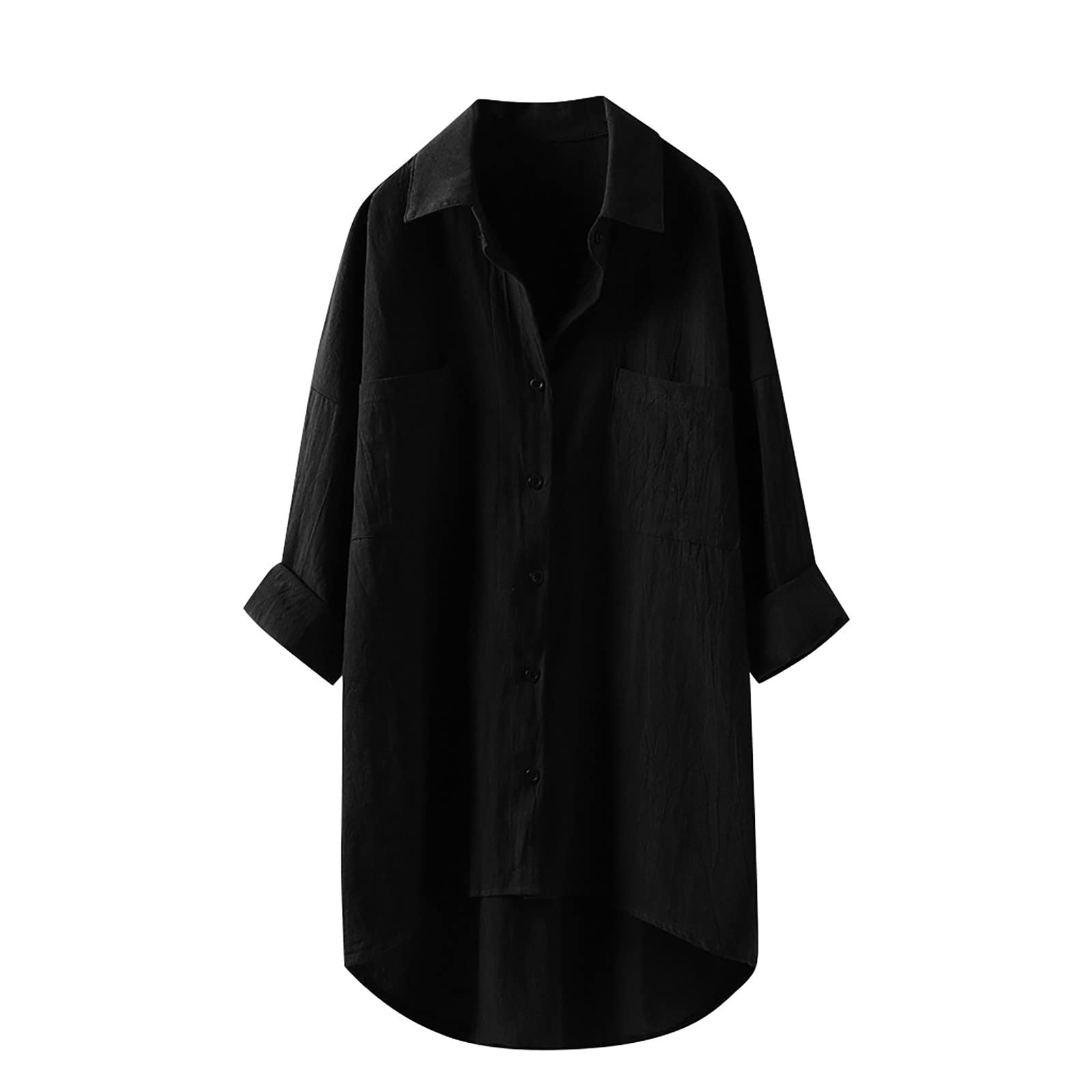 MINGE Women's Button Down V-Neck Long Sleeve Blouse with Roll-Up Cuffed Sleeves & Pockets - Casual Work Tops for Office, Business, and Everyday Wear
