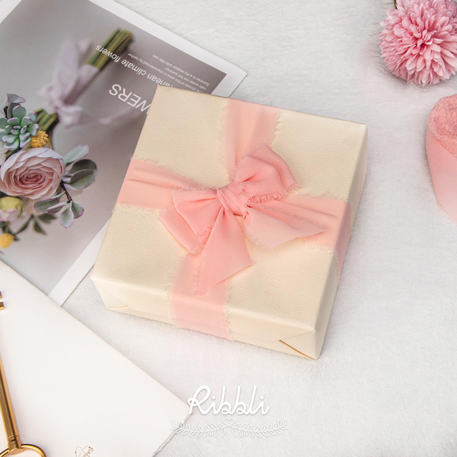 Ribbli Light Pink Chiffon Ribbon - 1.5 Inch x 20 Yard Handmade Silk Fringe Ribbon for Wedding Invitations, Bridal Bouquets, Gift Wrapping & Floral Arrangements - Perfect for DIY Crafts, Party Decorations and Scrapbooking Projects