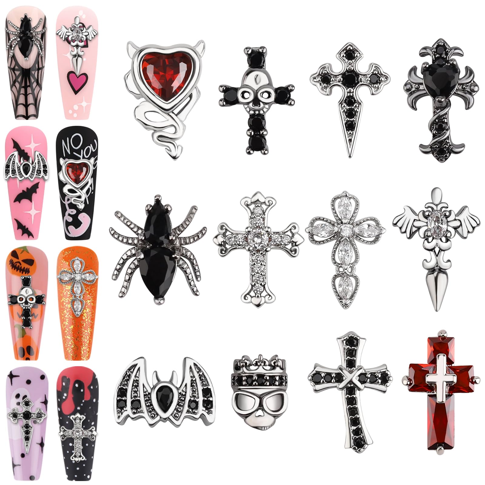 12PCS Halloween Nail Charms for Acrylic Nails, Lorvain 3D Spider Zircon Nail Rhinestone Bat Cross Jewelry Craft Silver Vintage Nail Supplies Kit - Perfect for Women Girls DIY Nail Art Decoration, Halloween Parties & Costume Accessories
