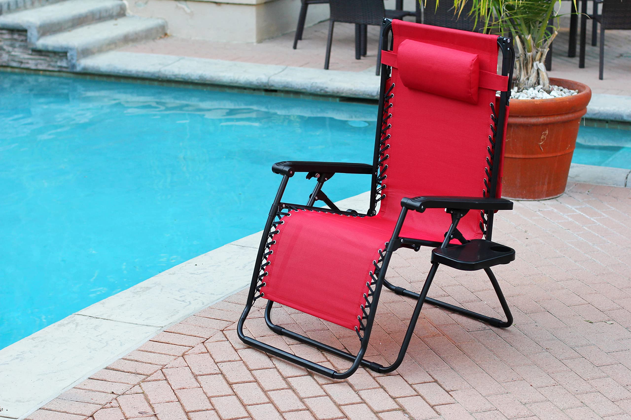 Jeco Oversized Zero Gravity Chair with Sunshade & Drink Tray - Heavy Duty Reclining Lounge Chair for Patio, Poolside, Beach & Backyard Relaxation - Red Outdoor Recliner