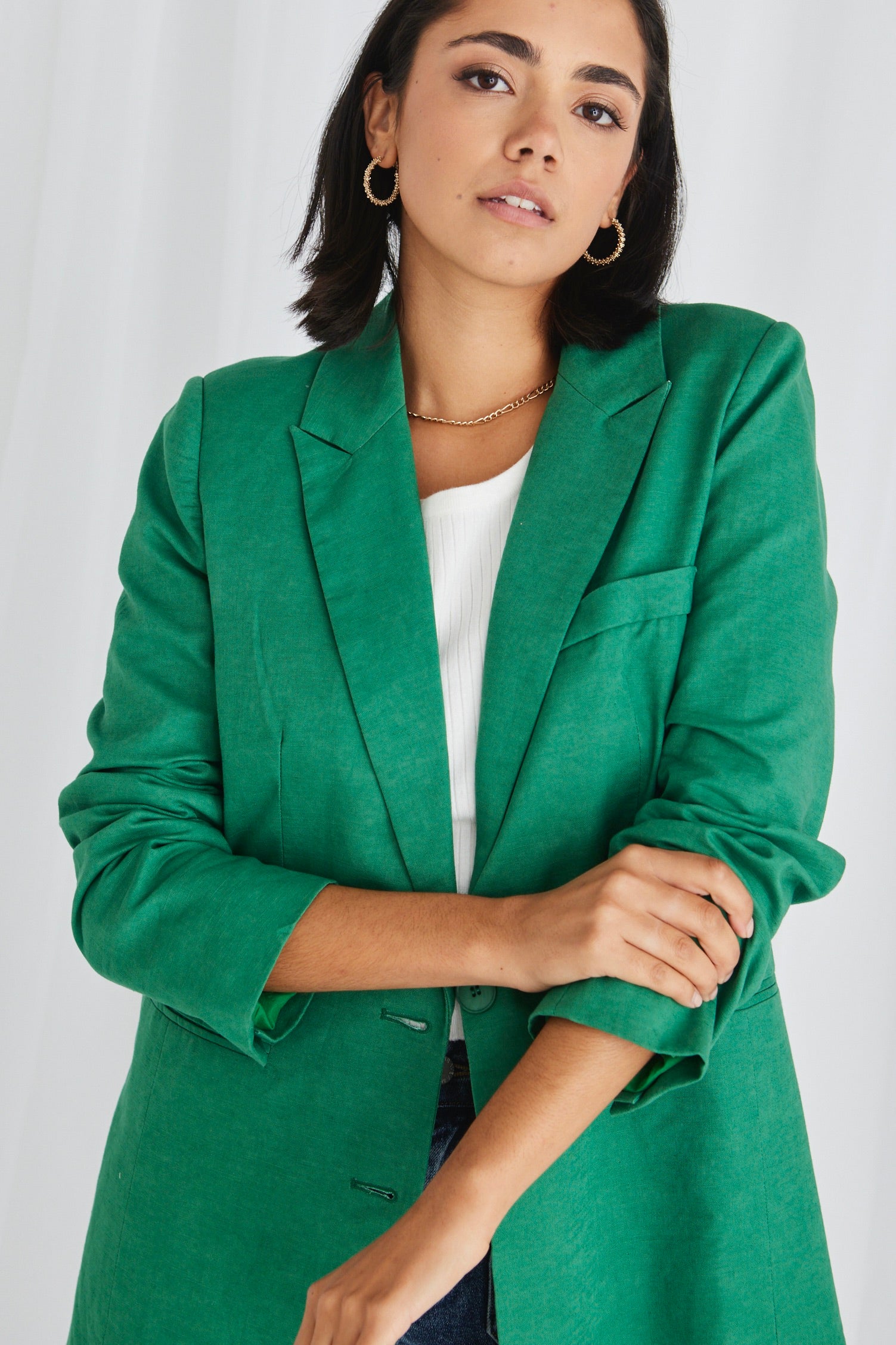 Stylish Demi Palm Green Linen Single Breasted Longline Blazer for Women - Perfect for Office Wear, Business Meetings & Spring Fashion