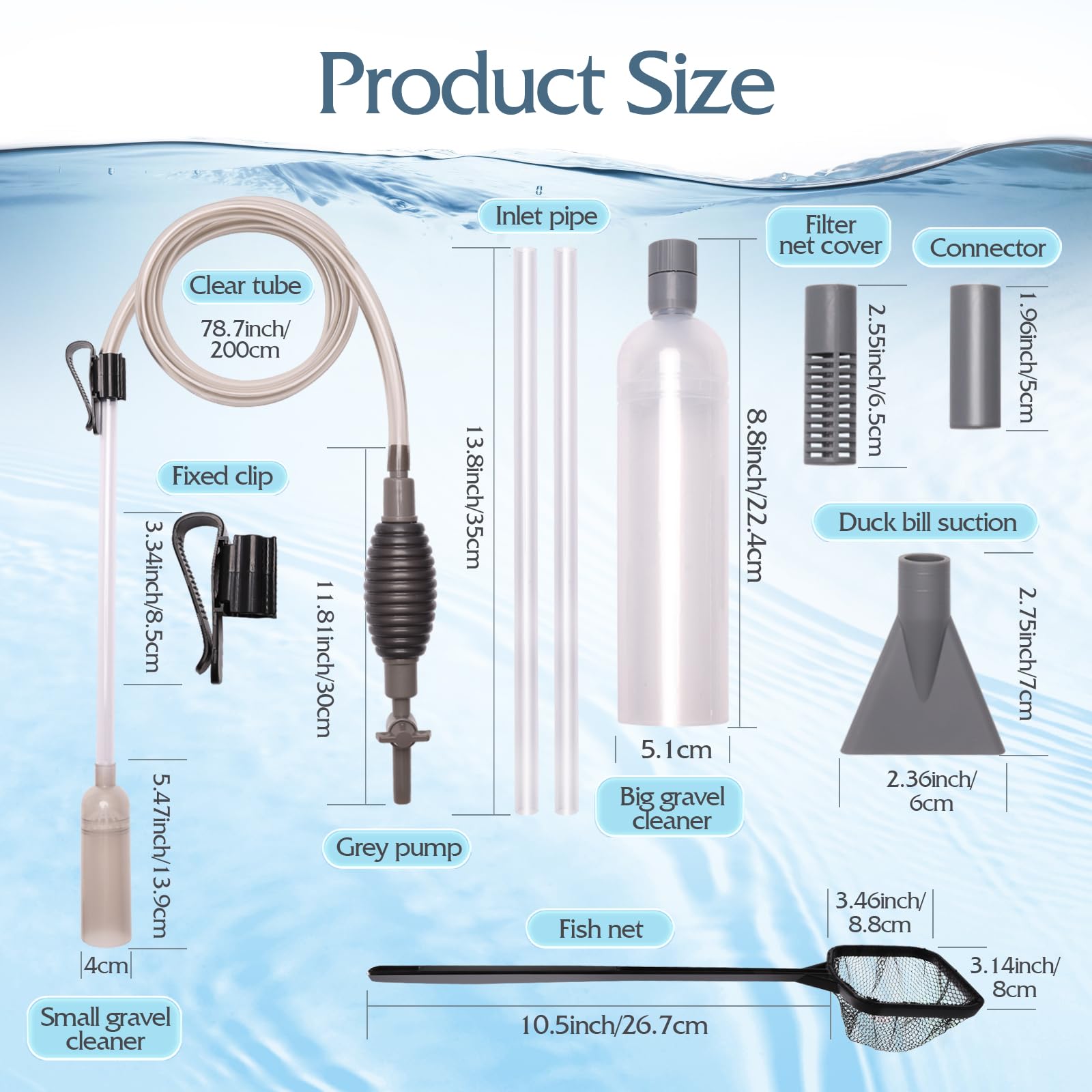 Premium Aquarium Vacuum Gravel Cleaner Kit - Fish Tank Cleaning System with 2 Tubes & Net - Efficient Water & Sand Siphon for Freshwater & Saltwater Tanks - Perfect for 10-50 Gallon Aquarium Maintenance & Water Changes