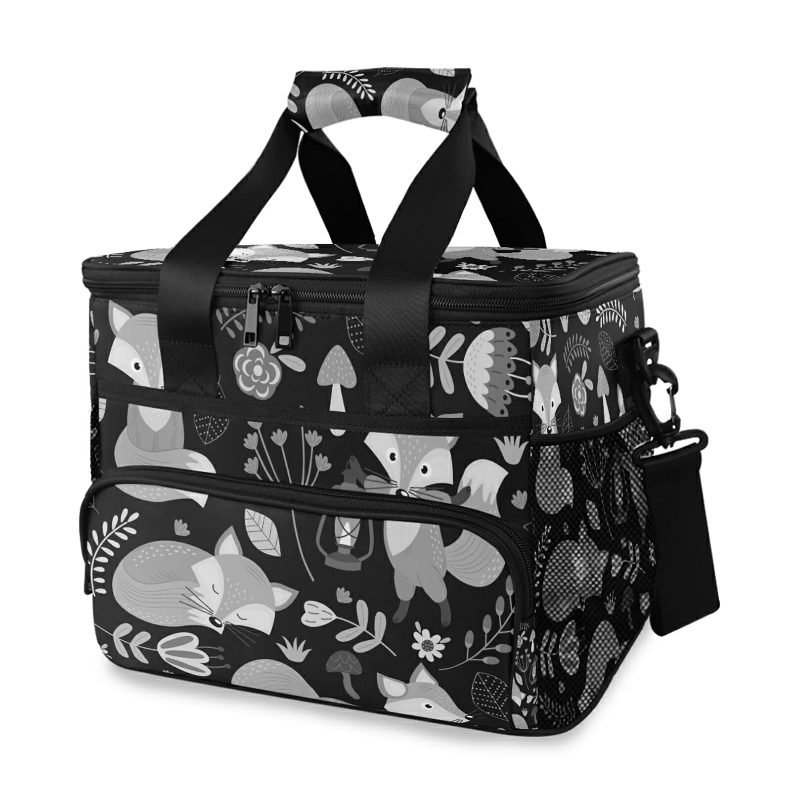Insulated Large Lunch Cooler Bag with Adjustable Padded Shoulder Strap - Grey Foxes & Herbs Floral Design for Picnic, Travel, Beach | Perfect for Work, School & Outdoor Adventures