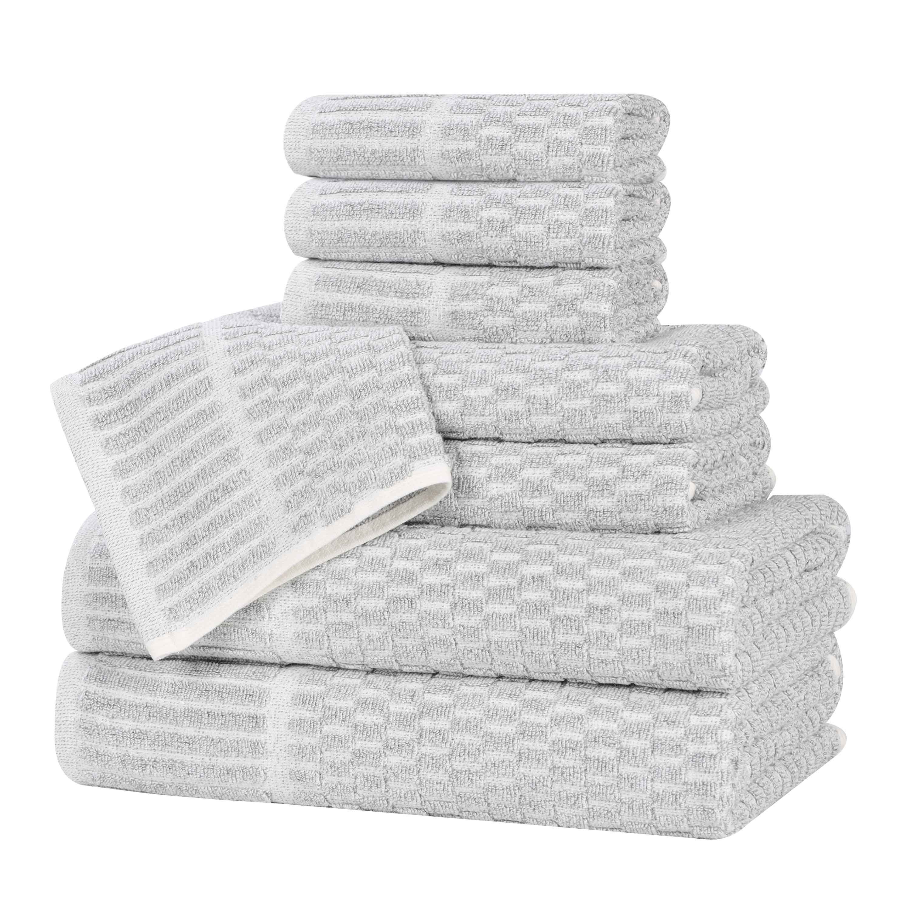 Premium 8-Piece Cotton Blend Checkered Border Towel Set - Medium Weight, Soft & Absorbent for Bathroom, Kitchen & Guest Use
