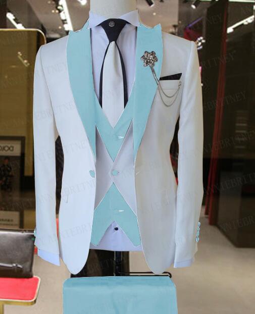 Elegant White Ivory & Blue 3-Piece Wedding Tuxedo Suit for Groom - Formal Groom Attire for Weddings, Prom & Special Occasions - CB2394
