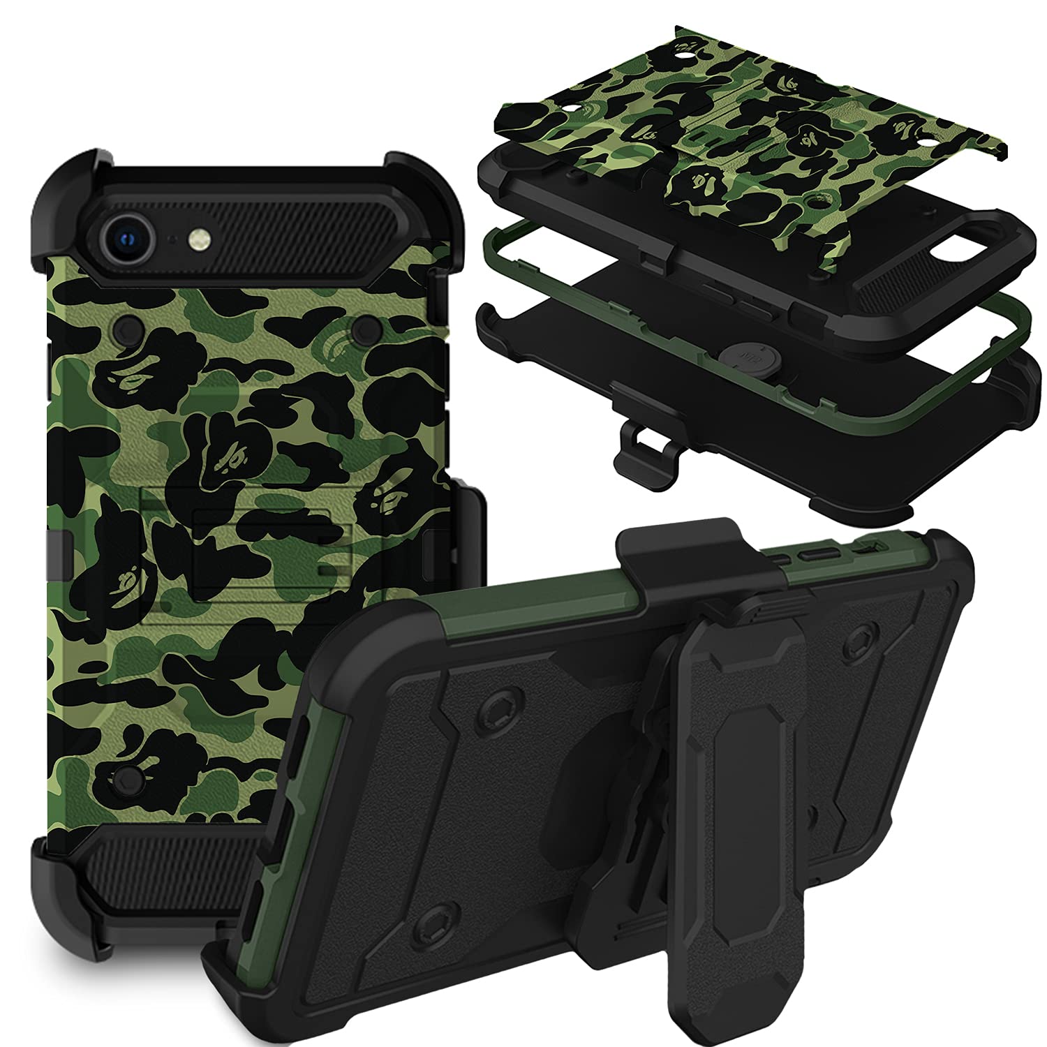 DuraSafe Rugged Protective Case for iPhone SE 2 (2020) & SE 3 (2022) 4.7 Inch - Military Moss Green Rotating Belt Clip Holster with Kickstand | Shockproof Cover for iPhone SE 3rd/2nd Gen | Perfect for Outdoor, Construction & Active Lifestyle Use
