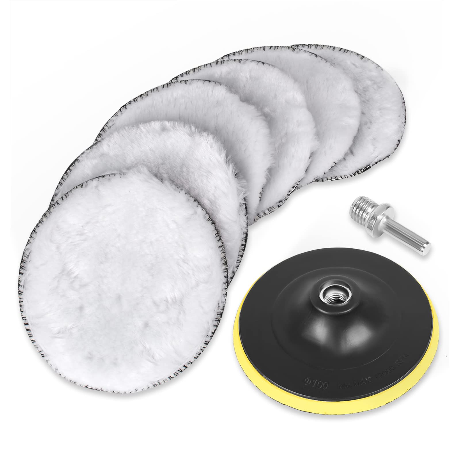 BAYTORY 8-Piece Wool Polishing Buffing Pad Set - 4 Inch Synthetic Polisher Wheel with M10 Thread Backing Plate & Drill Adapter - Perfect for Car Detailing, Metal Polishing & DIY Auto Care Projects