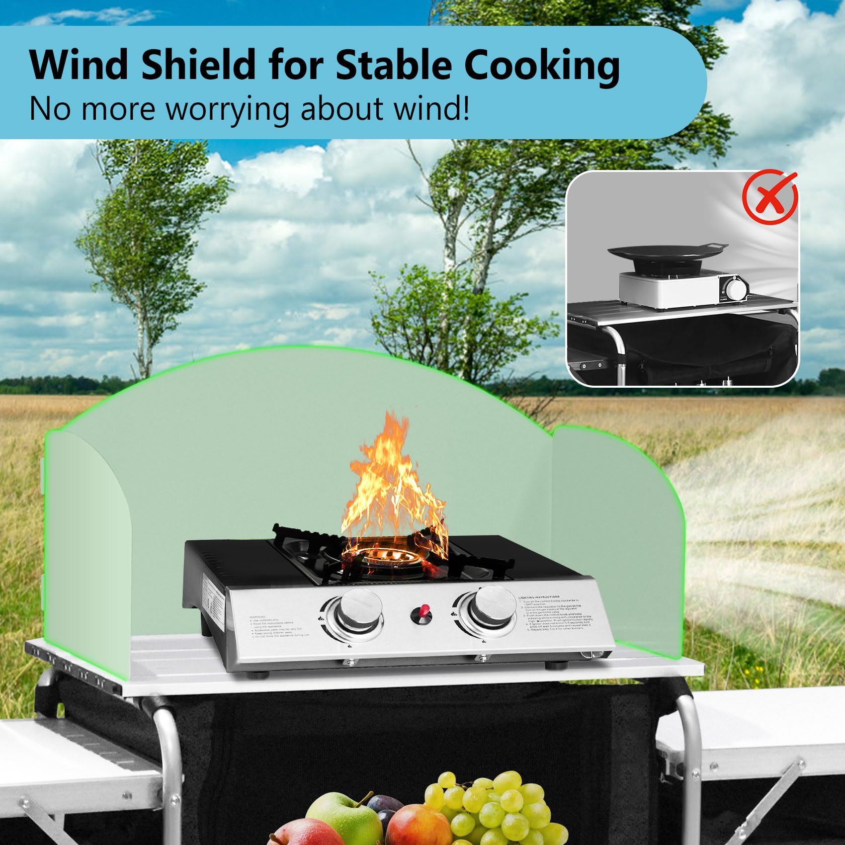 Portable Aluminum Camping Kitchen Table with Windscreen & 3 Storage Cupboards - Foldable Outdoor Cooking Table for BBQ, Picnic, Hiking & Backpacking | Perfect for Camping, Tailgating & Beach Parties