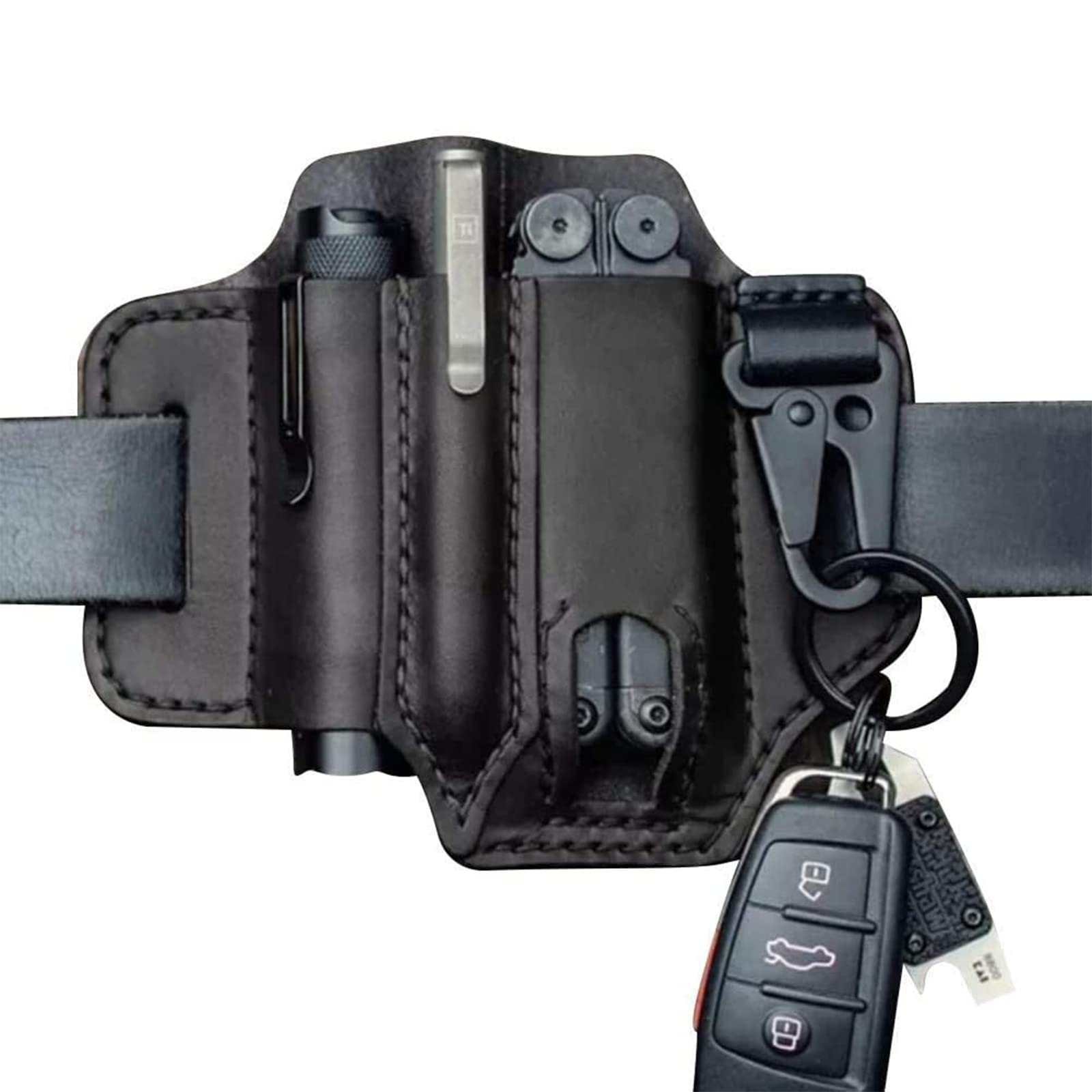 Premium Leather Multitool Sheath for Belt - EDC Pocket Organizer & Waist Storage Bag for Camping, Hiking, Outdoor Adventures - Compatible with Leatherman, Flashlight, Pen Holder & Key Fob - Durable Leather Pouch for Everyday Carry Essentials