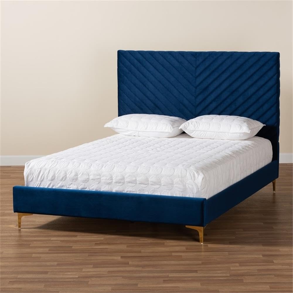 Baxton Studio Fabrico Contemporary Navy Blue Velvet Upholstered Queen Size Platform Bed with Gold Metal Frame - Luxurious Bedroom Furniture for Modern Glam Decor