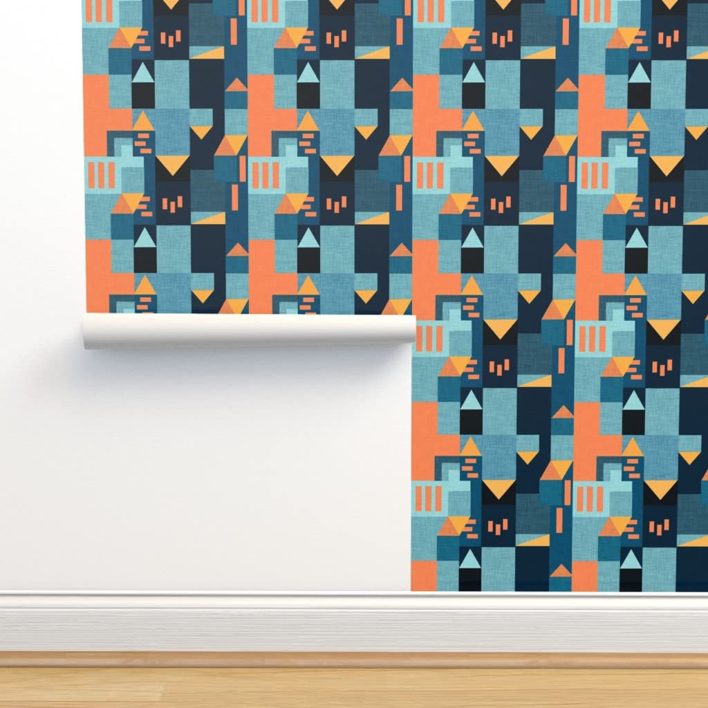 Bauhaus Blue Orange Geometric Peel & Stick Wallpaper - 9ft x 2ft Removable Self-Adhesive Wallpaper for Living Room, Bedroom & Office - Bold Abstract Graphic Design by Spoonflower