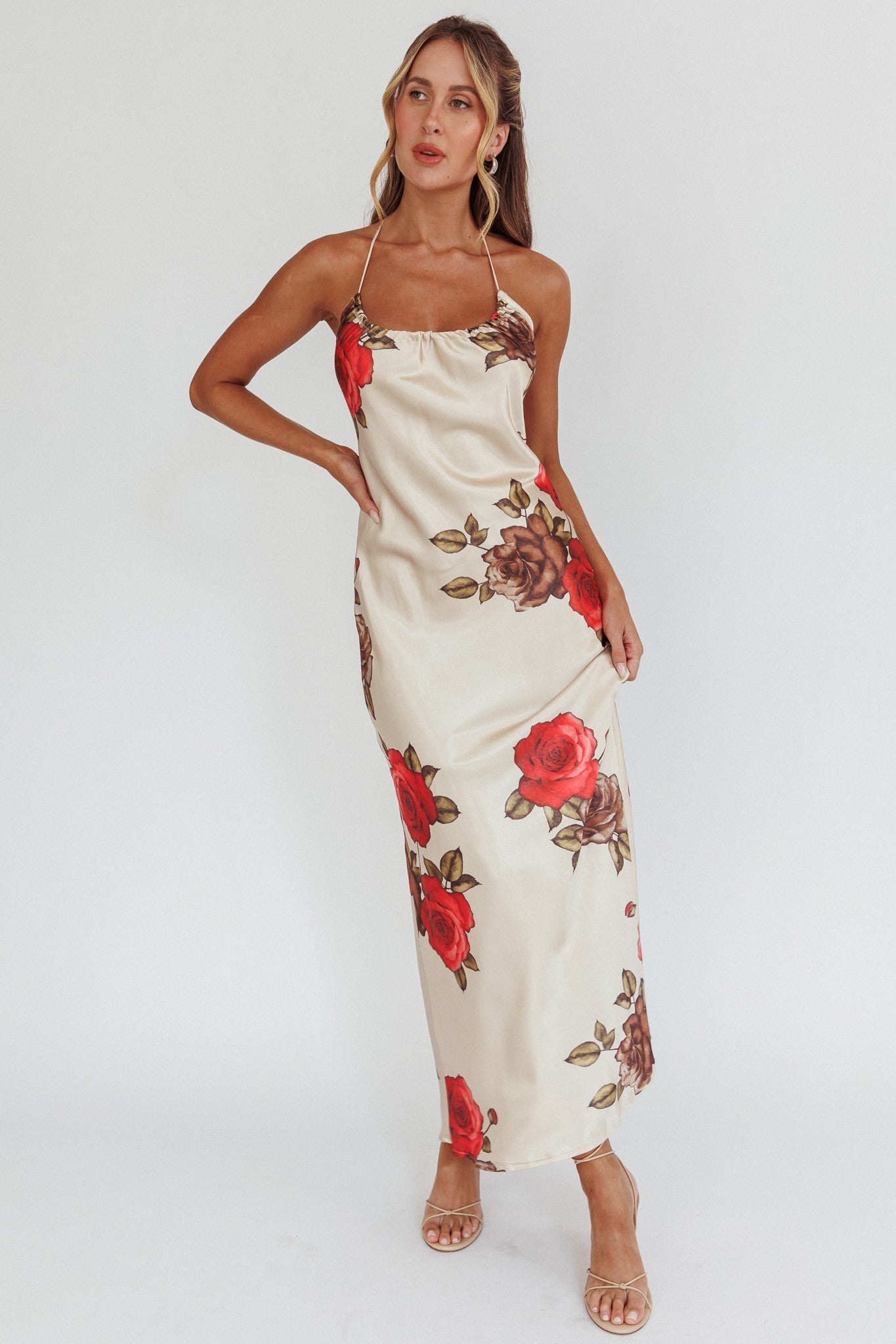 Beige Floral Print Halter Neck Ruched Front Maxi Dress for Women - Summer Beach Wedding Party & Vacation Outfit