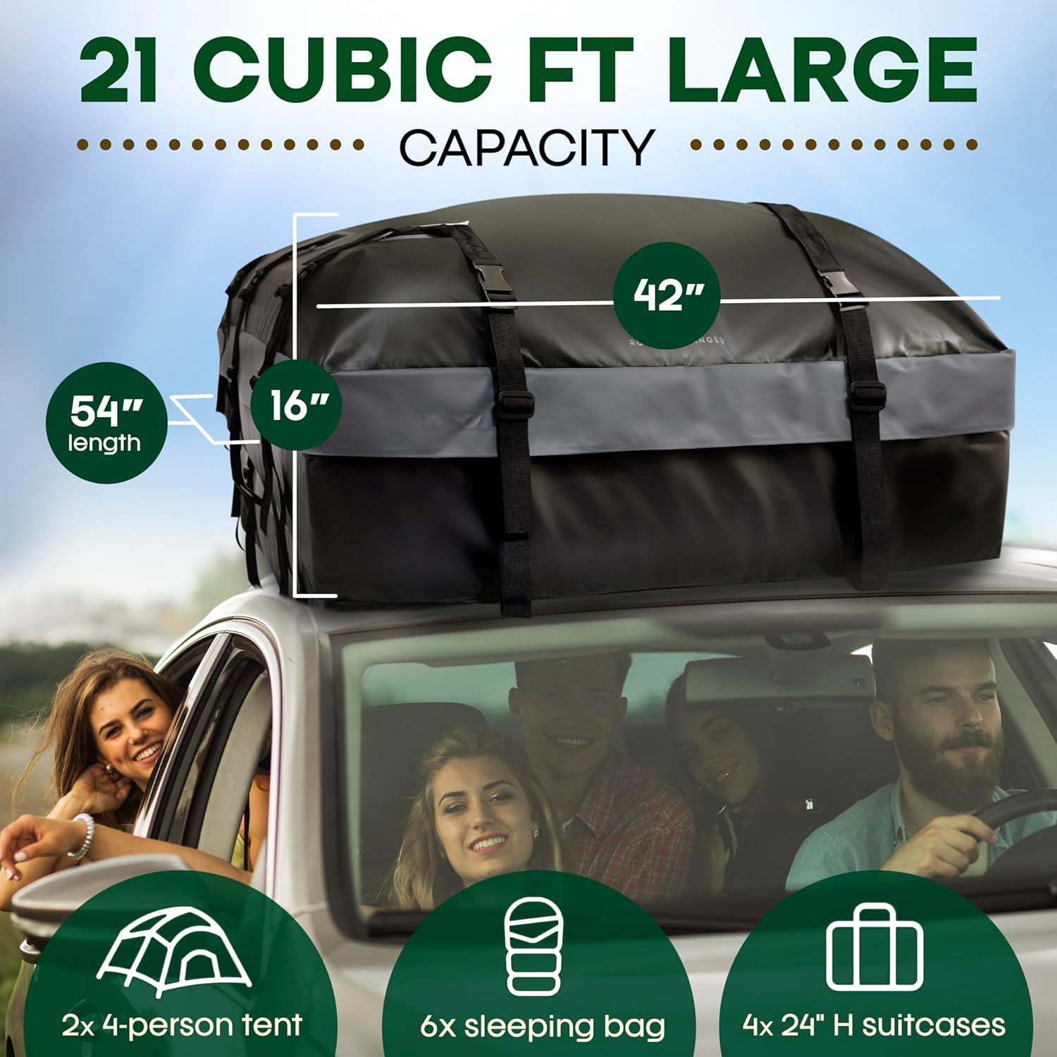 21 Cubic Feet Waterproof Car Roof Cargo Carrier Bag - Universal Fit for All Vehicles with/Without Roof Racks - Includes Anti-Slip Mat, Storage Bag, 6 Door Hooks & 6 Straps - Perfect for Road Trips, Camping Gear & Luggage Storage
