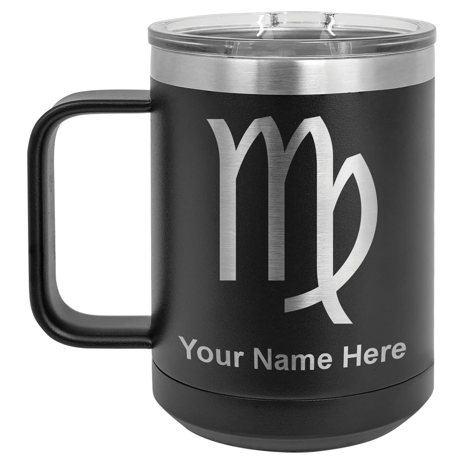 LaserGram 15oz Vacuum Insulated Stainless Steel Coffee Tumbler - Personalized Zodiac Virgo Engraved Travel Mug with Leakproof Lid, Perfect for Office, Commuting & Outdoor Activities (Black)