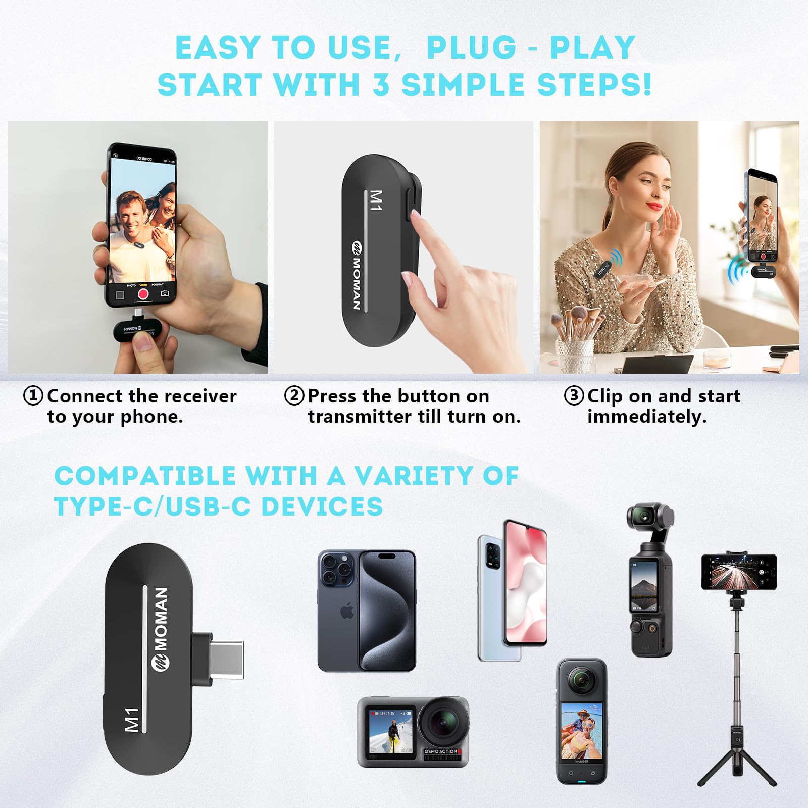 Wireless Lavalier Microphone with USB-C - Clip-On Mini Mic for iPhone 15, Android & Type-C Devices - Ideal for YouTube, TikTok Videos, Interviews & Live Streaming