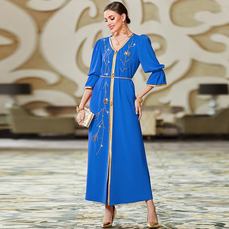 Elegant Blue Hand-Stitched Rhinestone Flare Sleeve Evening Kaftan Dress for Women | Boho Chic Party Gown | Perfect for Weddings, Galas & Special Occasions