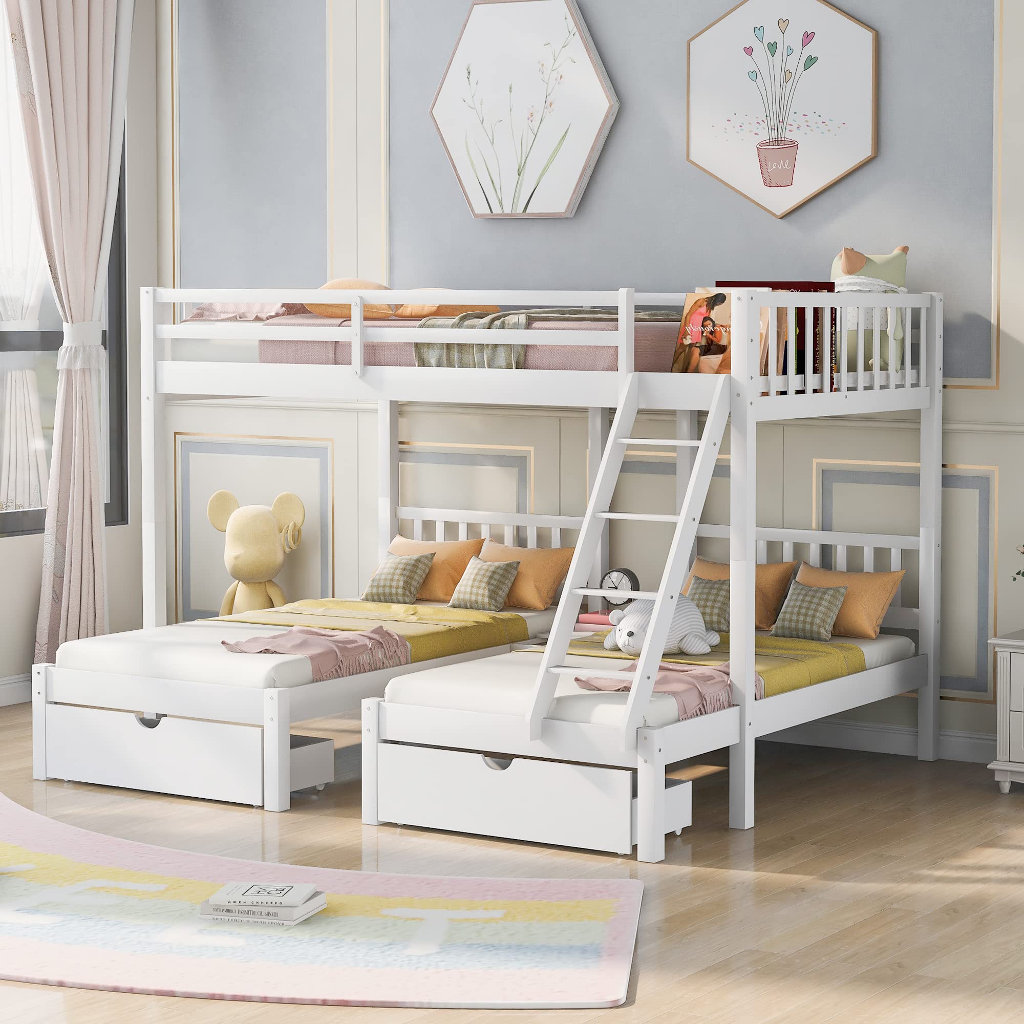 Wood Triple Bunk Bed with 3 Drawers & Guardrails - Full Over 2 Twin Bunk Bed for Family & Teens - No Box Spring Needed - Space Saving Kids Bedroom Furniture for Small Rooms & Vacation Homes