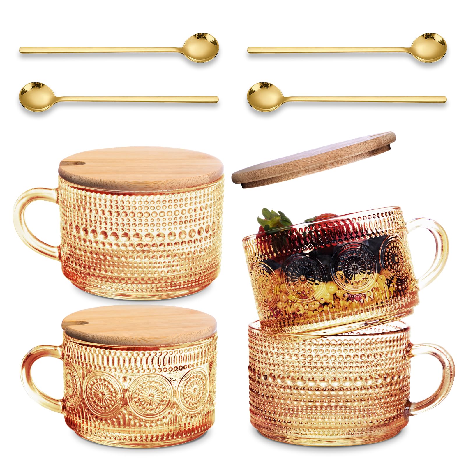 Ollieroo 4-Piece Vintage Coffee Mug Set with Lids & Spoons - 14oz Glass Cups for Iced Coffee, Tea, Milk, Yogurt - Perfect for Coffee Bars, Breakfast, Office & Home Use - Amber Drinkware Collection