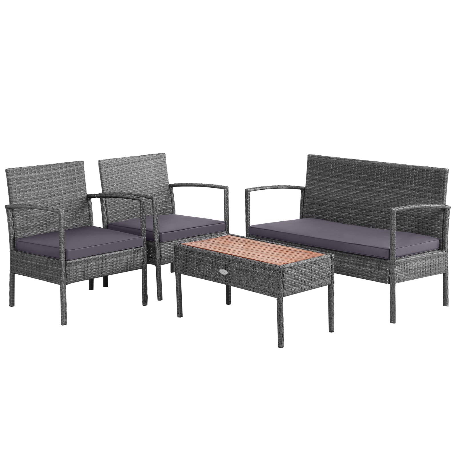 Tangkula 4-Piece Rattan Patio Conversation Set with Cushions - Heavy Duty Steel Frame & Acacia Wood Tabletop - Outdoor Wicker Sofa for Poolside, Deck, Garden, Backyard & Patio Relaxation