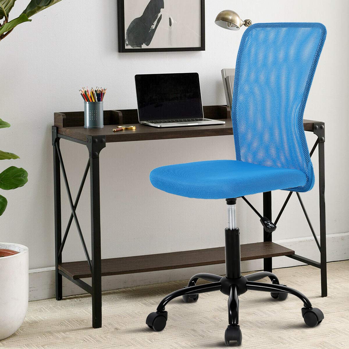 Ergonomic Office Chair with Wheels - Adjustable Mid Back Lumbar Support, Armless Modern Desk Chair for Home & Office - Comfortable Seating for Women & Men (Blue) - Perfect for Long Work Hours, Gaming & Study Sessions