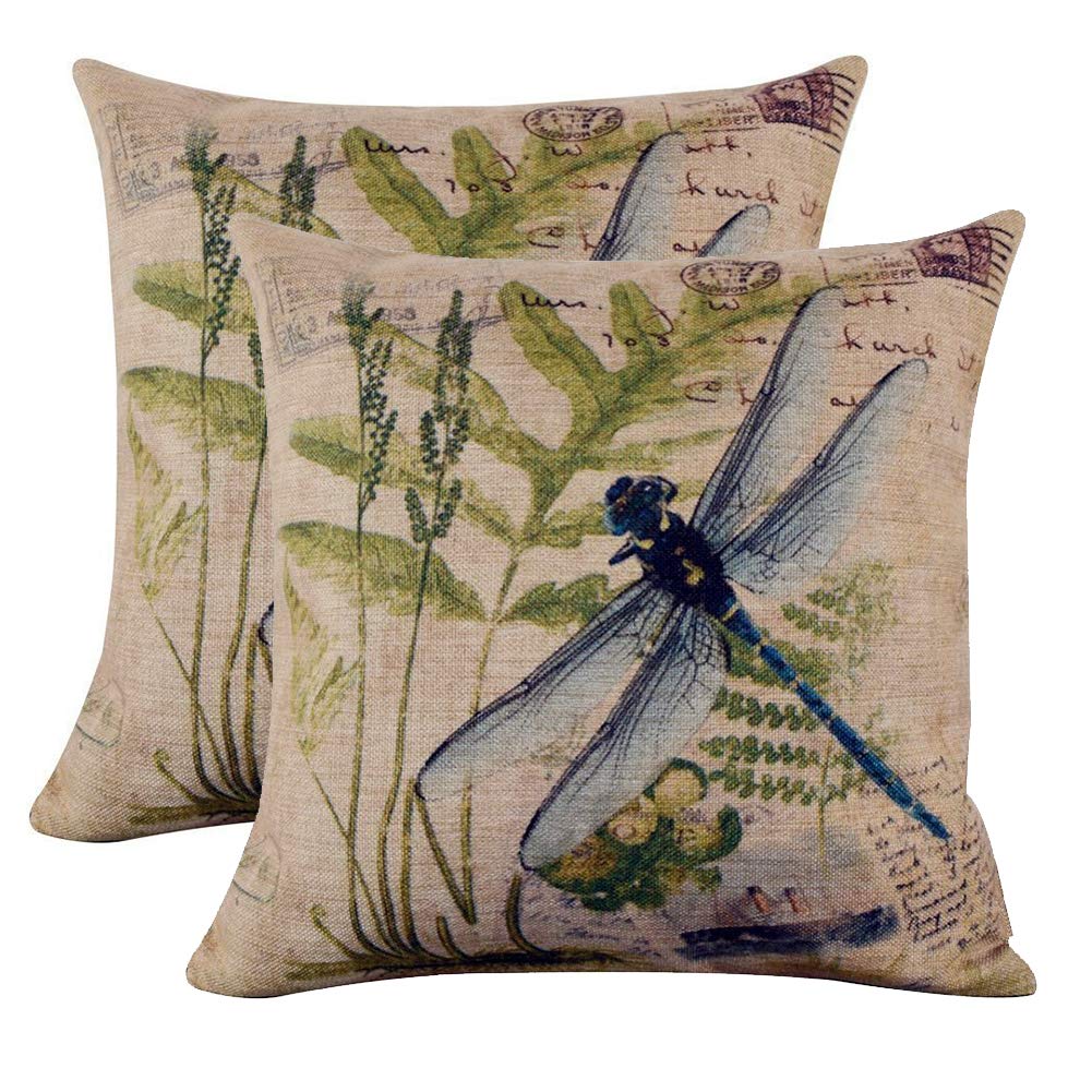Decorative Cotton Linen Throw Pillow Covers Set of 2 - 18x18 Inch Square Soft Dragonfly Pillow Covers for Couch, Bedroom, Car & Home Decor