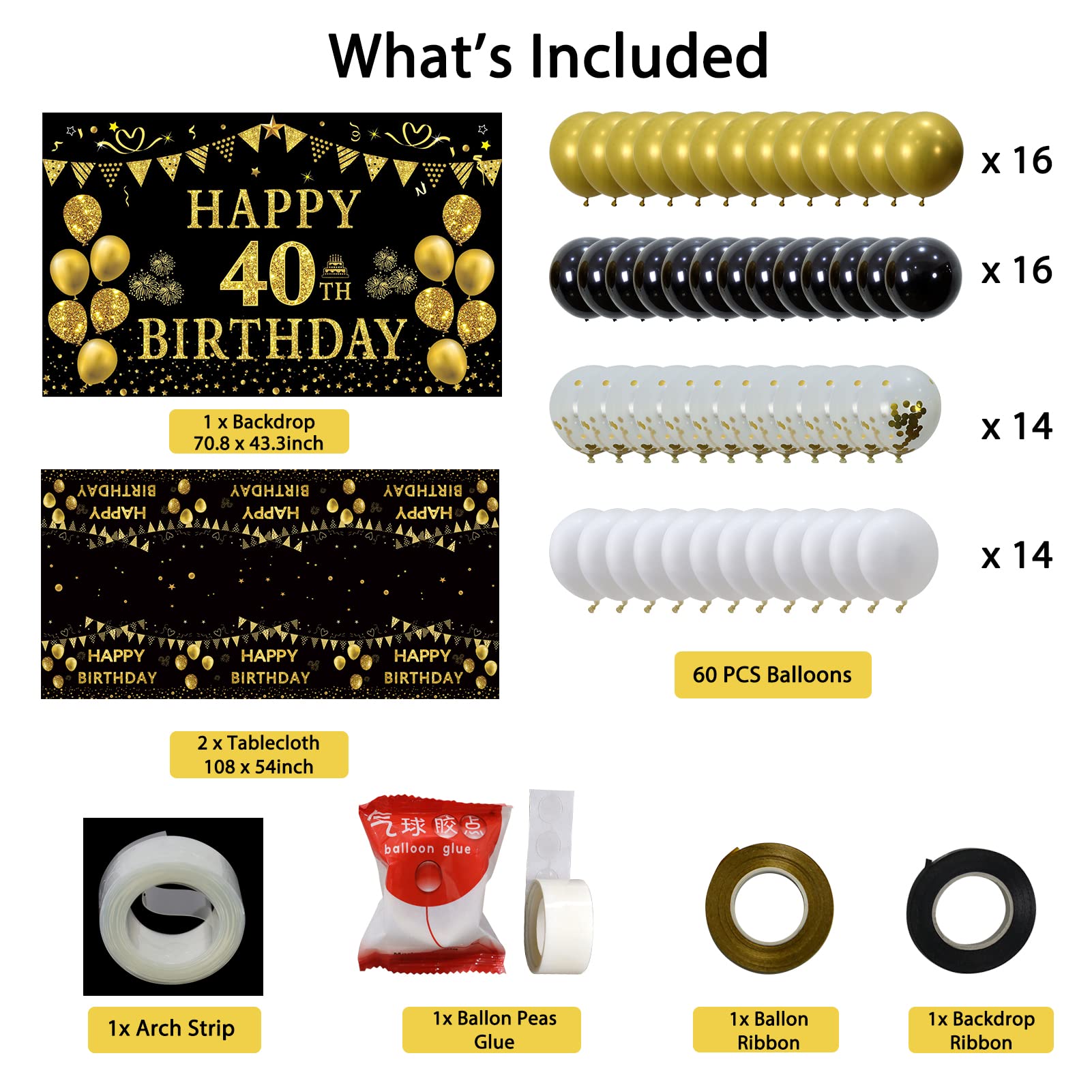 Black Gold Happy 40th Birthday Party Decorations Set - 2 Pcs Banner Backdrop & Tablecloth, 60 Pcs Latex Confetti Balloons - Perfect for Men & Women's 40th Birthday Party Supplies & Gift Ideas - Great for Home, Office, or Venue Celebrations
