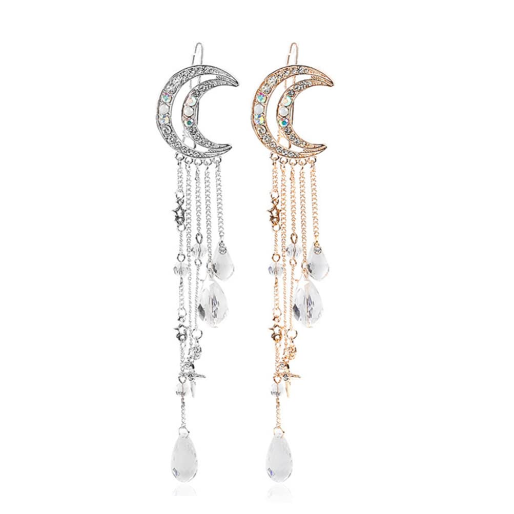 Moon Tassel Hair Clips 2pcs - Rhinestone Crystal Bobby Pins with Dangling Charms, Elegant Bridal Hair Accessories for Women, Wedding, Prom & Special Occasions