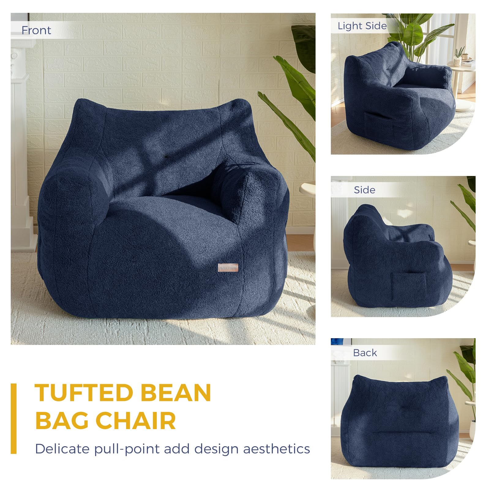 MAXYOYO Tufted Boucle Fabric Bean Bag Chair - Ultra Comfortable Lazy Sofa with Filler for Adults & Teens (Navy Blue) - Perfect for Living Rooms, Bedrooms & Game Rooms