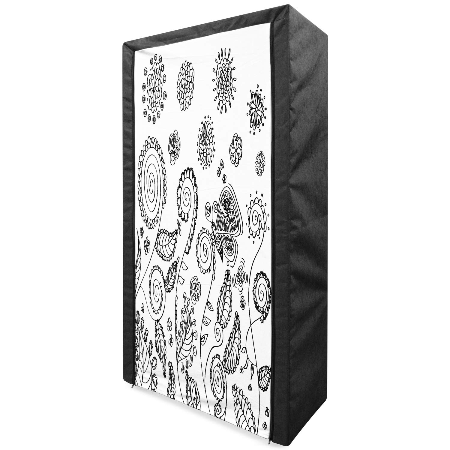 Ambesonne Floral Fabric Wardrobe - Portable Clothing Organizer with Shelves, Doodle Style Circular Swirled Flower Petals & Butterfly Leaves Design, 33.5