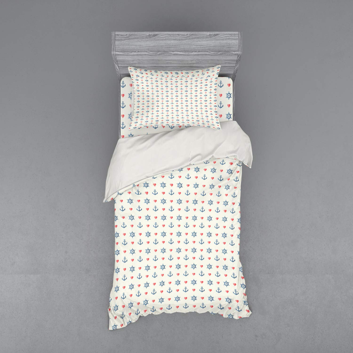 Ambesonne Anchor Bedding Set - Maritime Nautical Theme with Sea Waves & Red Hearts, 3-Piece Duvet Cover Set (Twin XL) - Blue, Red & White Ocean Romance Design | Perfect for Beach House, Coastal Decor & Couples Bedroom