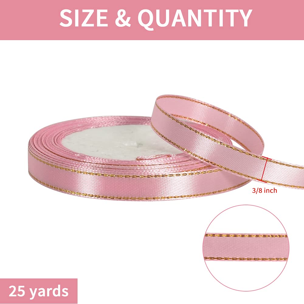 TONIFUL 3/8 Inch x 25 Yards Thin Pink and Gold Satin Ribbon with Gold Edges - Premium Fabric Ribbon for Gift Wrapping, Wedding Decorations, Birthday Cakes, Floral Crafts, Bow Making, Valentine's Day Bouquets, DIY Projects and Party Supplies