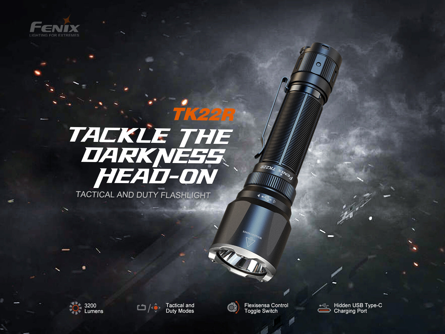 Fenix TK22R Rechargeable Tactical Flashlight - 2000 Lumens, USB-C Charging, IP68 Waterproof for Police, Military & Outdoor Adventures (Camping, Hiking, Emergency)