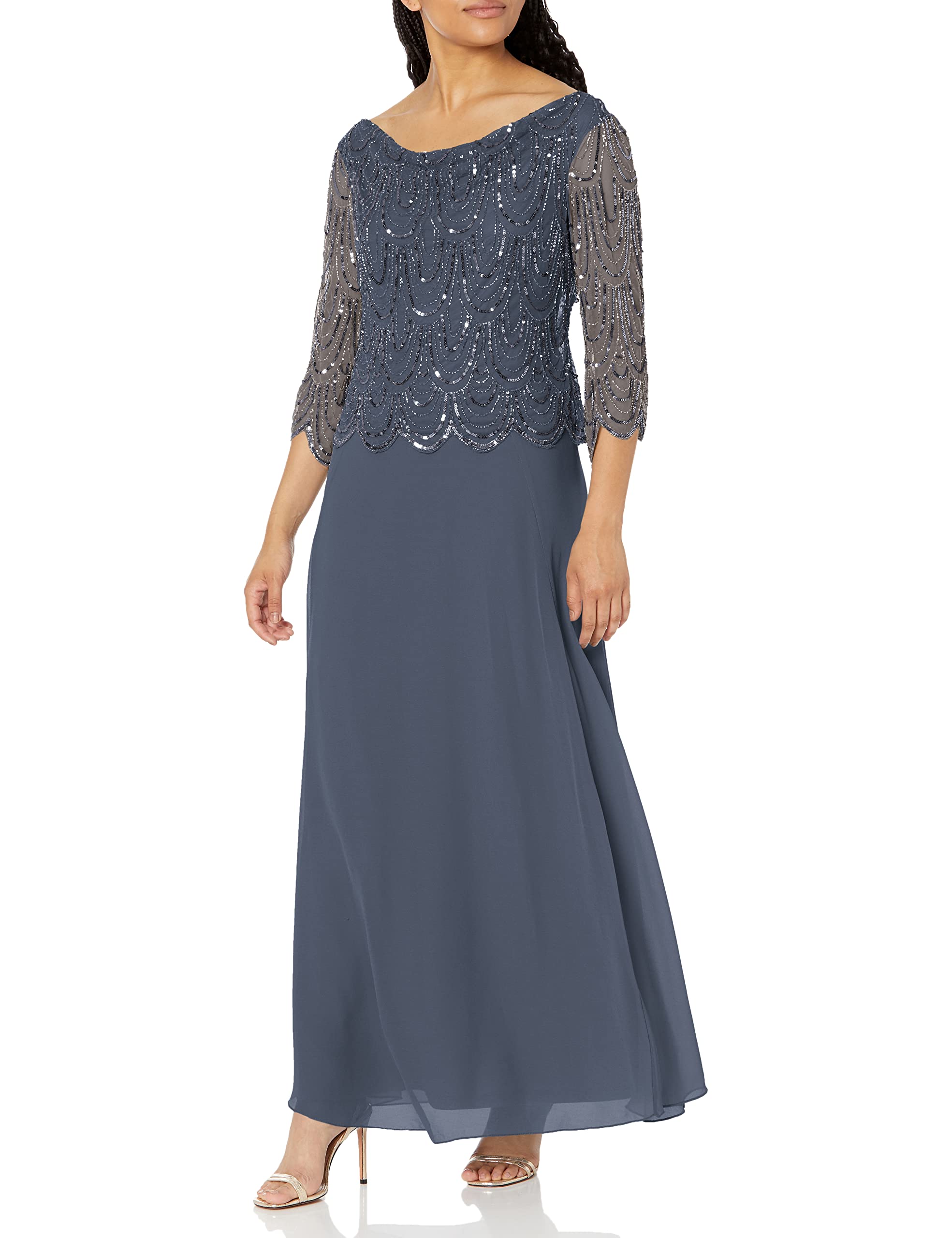 J Kara Women's 3/4 Sleeve Scallop Beaded Pop Over Gown - Elegant Party Dress for Weddings, Cocktail Events & Evening Occasions