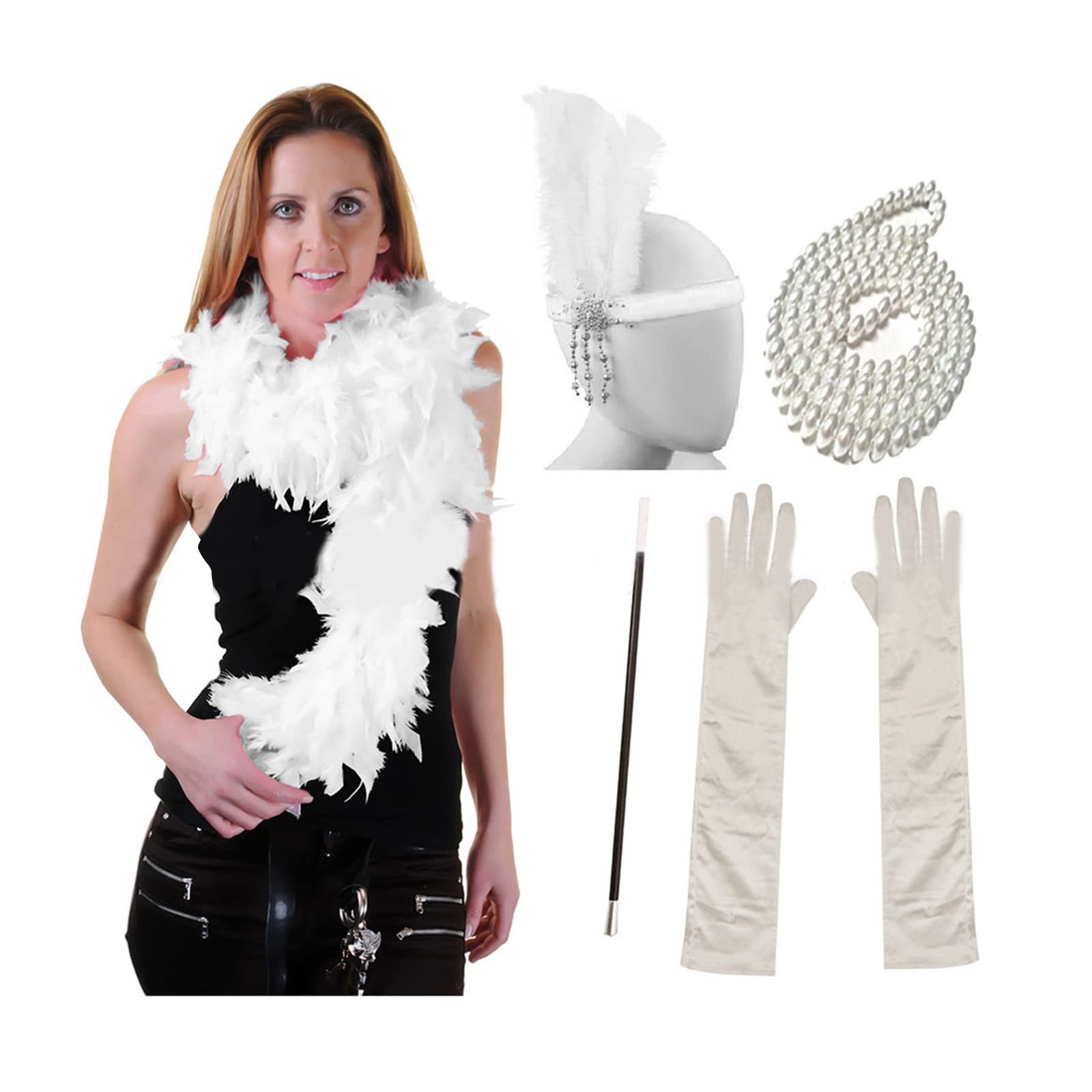 1920s Flapper Gatsby Women's Costume Set - Feather Headband, Necklace, Scarf & Gloves for 20s Themed Party, Halloween, Roaring Twenties Event, Jazz Age Celebration, Vintage Fashion Accessories