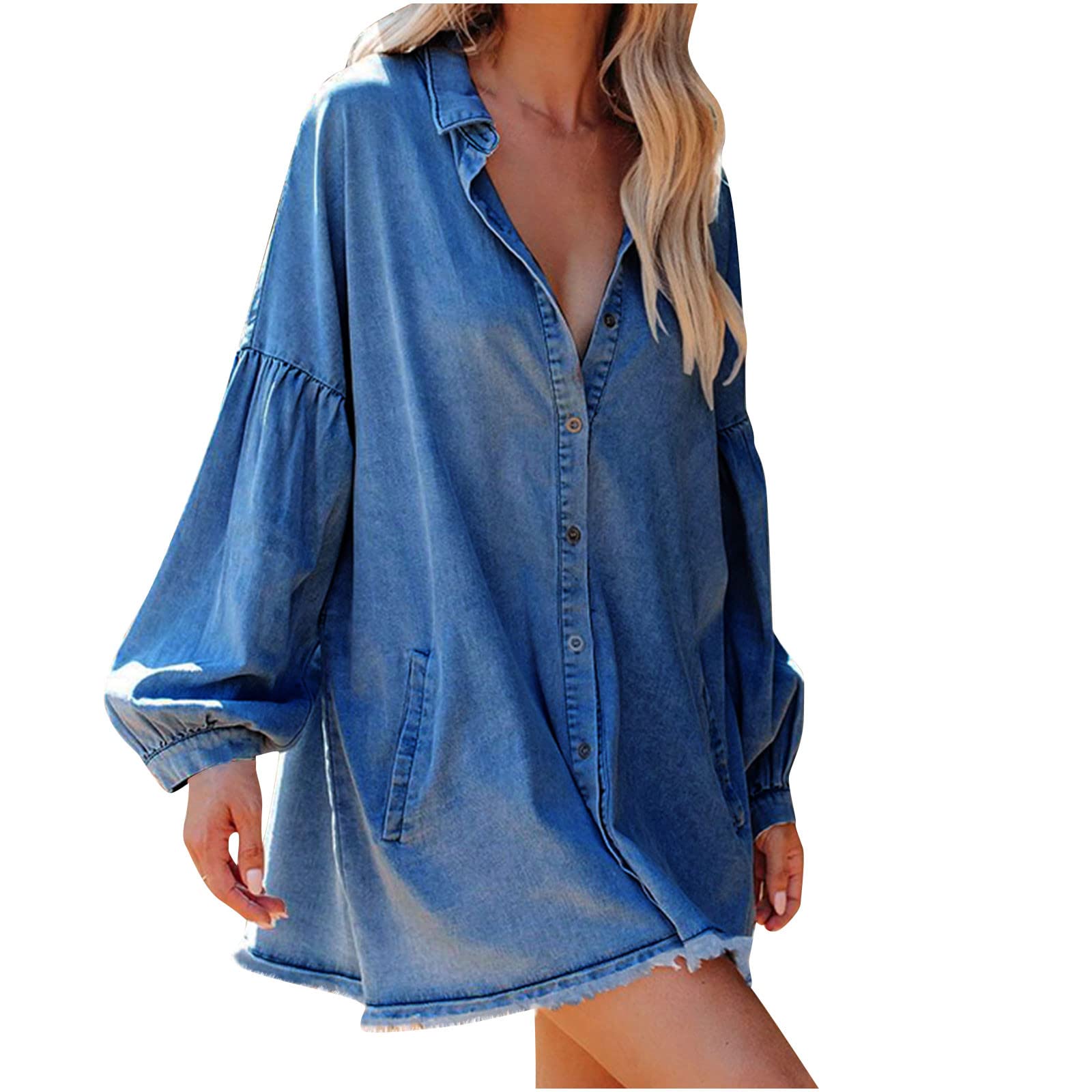 RbCulf Women's Denim Short Dress with Long Sleeves & Lapel Collar - Button Front Loose Fit Skater Dress for Fall Fashion, Casual Outings & Party Wear