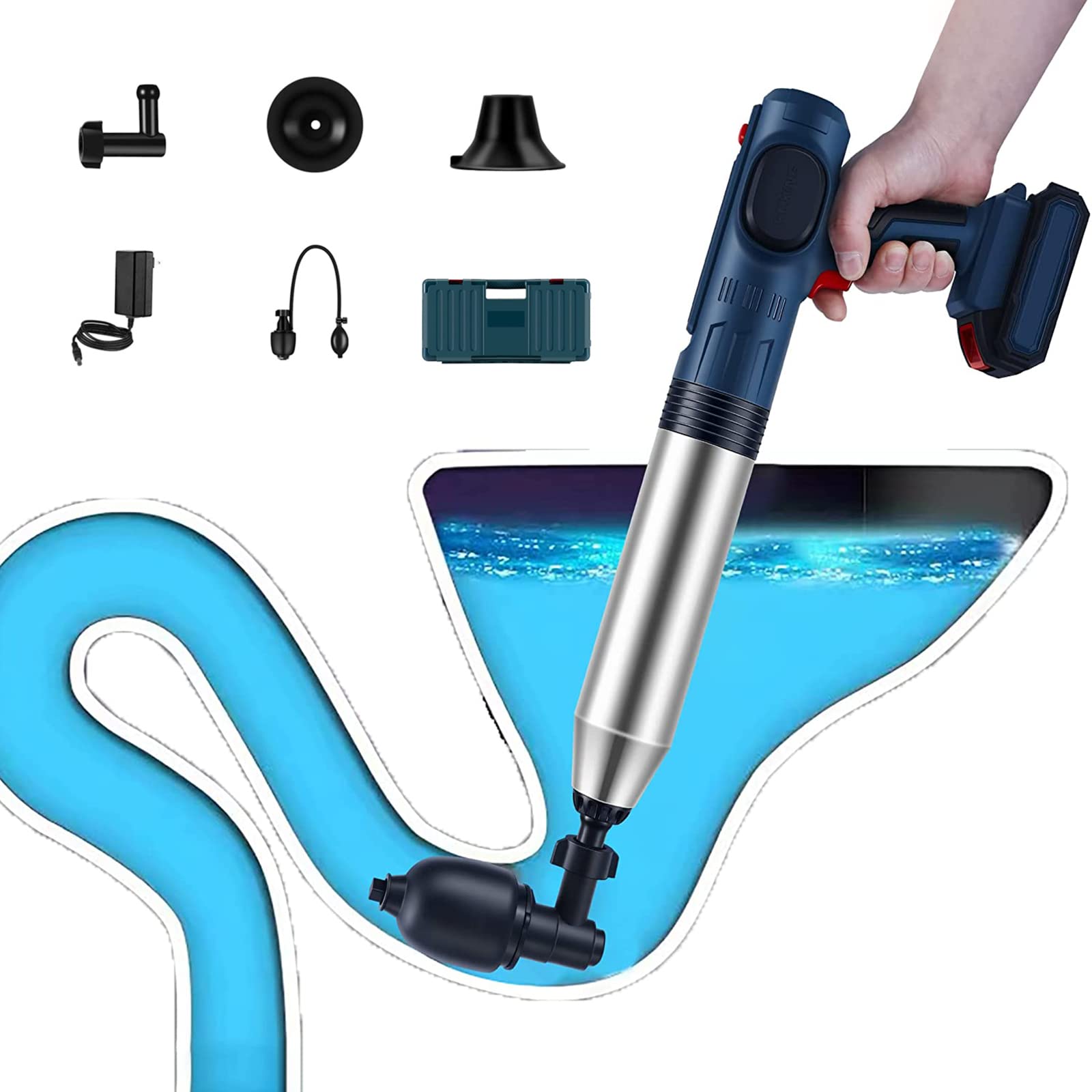 SRHIMEOS Electric Toilet Plunger - High Pressure Air Drain Clog Remover for Toilets, Sinks, Kitchen & Floor Drains - Effectively Eliminates Blockages & Grease - Perfect for Home, RV & Commercial Use